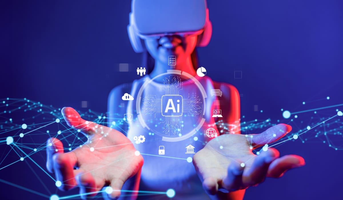 A joyful girl wearing VR gear, holding AI and various digital icons.