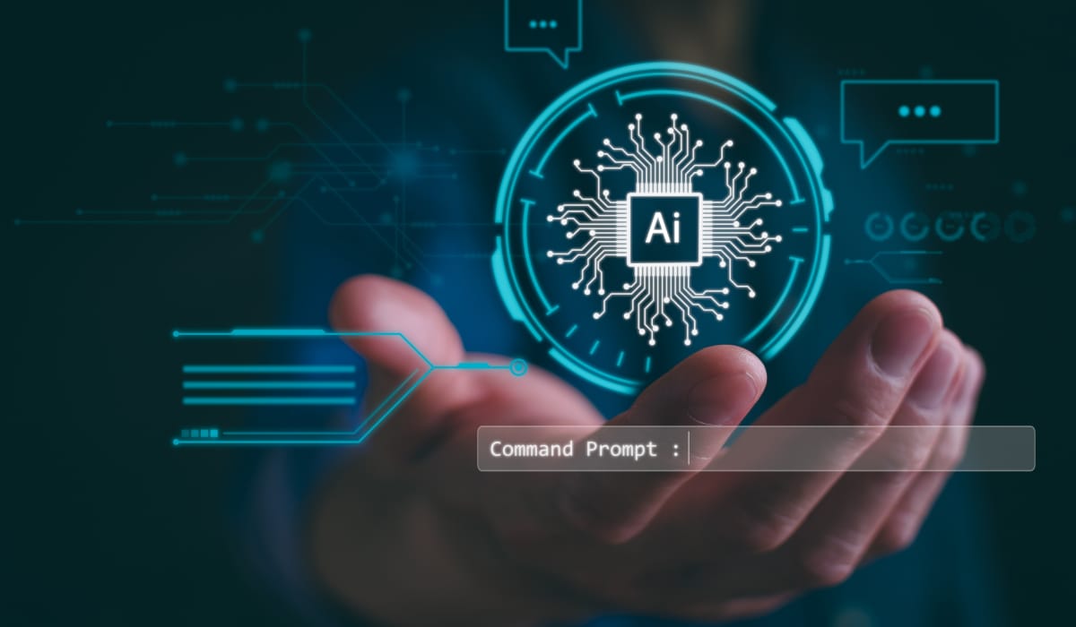 A hand holding a digital image of AI with a command prompt, illustrating Generative AI and Machine Learning.